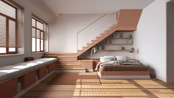 Houten Slaapkamer Witte Oranje Tinten Bed Met Dekbed Kussens Planken — Stockfoto