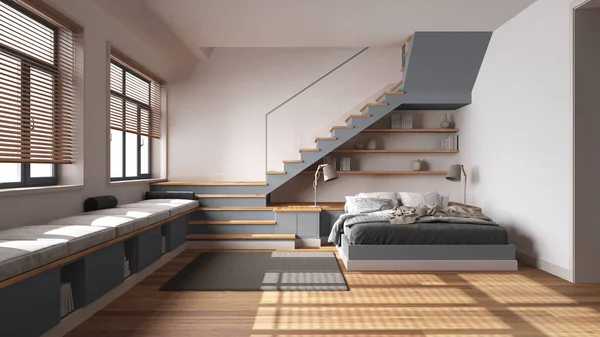 Holzschlafzimmer Weißen Und Grauen Tönen Bett Mit Bettdecke Und Kissen — Stockfoto