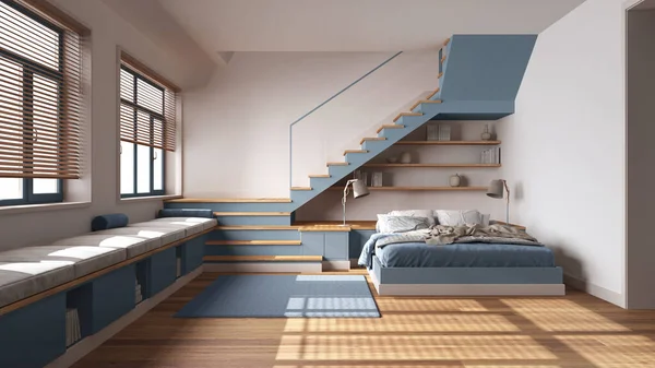 白と青のトーンで木製の寝室 ベッドには 羽毛布団や枕 最小限の階段やパノラマの窓 パケット スカンジナビアのインテリアデザイン — ストック写真