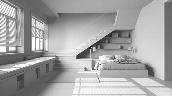 整个白色工程草案 木制卧室 床与羽绒和枕头 最小的楼梯和全景窗户 宴会厅 丑闻式室内设计 — 图库照片