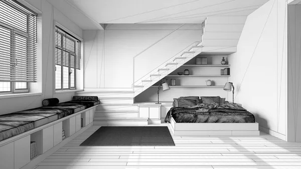 未完成の青写真プロジェクトの草案 木製の寝室 ベッドには 羽毛布団や枕 最小限の階段やパノラマの窓 パケット スカンジナビアのインテリアデザイン — ストック写真