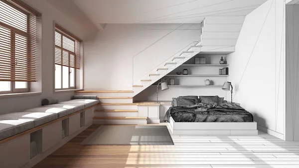 建築家インテリアデザイナーのコンセプト 手描きのドラフト未完成のプロジェクトは 本物の木製の寝室になります 羽毛布団と枕 階段と窓付きのベッド 北欧風 — ストック写真