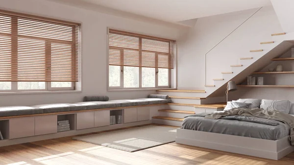 베이지 나무로 파노라마 창문으로 침대에 Parquet Japandi 인테리어 디자인 — 스톡 사진