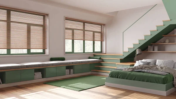 Minimales Holzschlafzimmer Weiß Und Grüntönen Bett Mit Bettdecke Und Kissen — Stockfoto