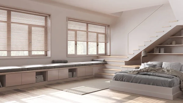 Minimal Gebleichte Holzschlafzimmer Weißen Und Beigen Tönen Bett Mit Bettdecke — Stockfoto