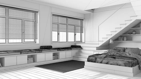 蓝图未完成的项目草稿 最小的木制卧室 床与羽绒和枕头 楼梯和全景窗户 Parquet Japandi室内设计 — 图库照片