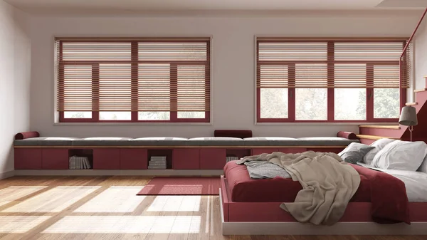 Beyaz Kırmızı Tonlarda Modern Skandinav Ahşap Yatak Odası Yorgan Yastık — Stok fotoğraf