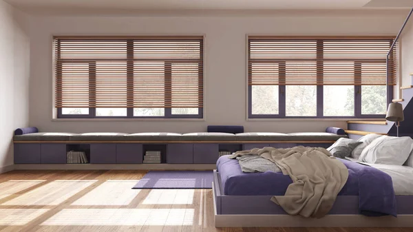 현대의 침실은 보라색 톤으로 턱수염 파노라마 창으로 침대에 최소한의자 인테리어 — 스톡 사진