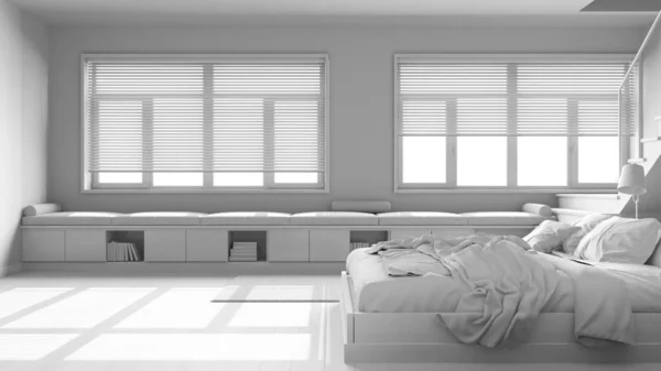 総白のプロジェクトの草案は 現代の北欧の木製の寝室 ベッド 羽毛布団や枕 階段やパノラマの窓 Parquet ミニマルなジャパンディインテリアデザイン — ストック写真