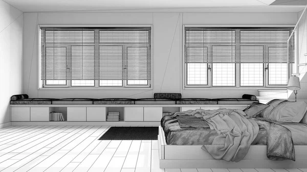蓝图未完成的项目草稿 现代丑闻的木制卧房 床与羽绒和枕头 楼梯和全景窗户 日本式室内设计最小的餐点 — 图库照片