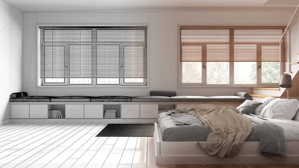 建筑师室内设计理念 手绘草稿 未完成的工程 成为现实 现代木制卧室 楼梯和窗户最小的日本风格 — 图库照片