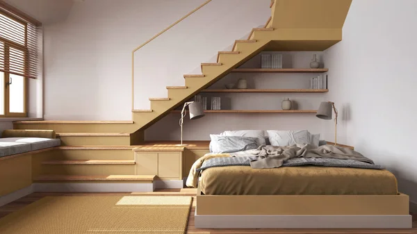 白と黄色のトーンで木製の寝室 毛布と枕 最小限の階段とパノラマの窓付きのダブルベッド パケット スカンジナビアのインテリアデザイン — ストック写真