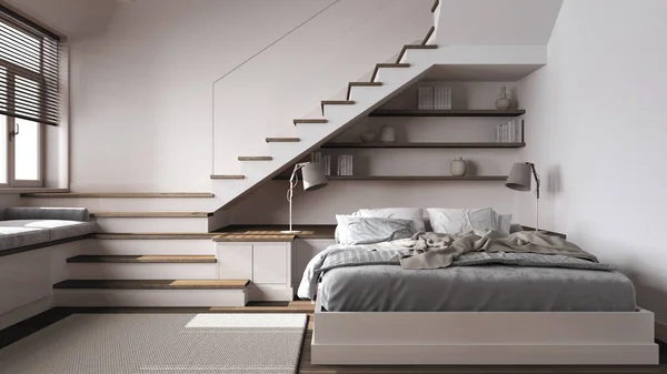 Dunkles Holzschlafzimmer Weiß Und Beigetönen Doppelbett Mit Decken Und Kissen — Stockfoto