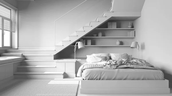 Общий Белый Проект Деревянная Спальня Двуспальная Кровать Одеялами Подушками Минимальная — стоковое фото