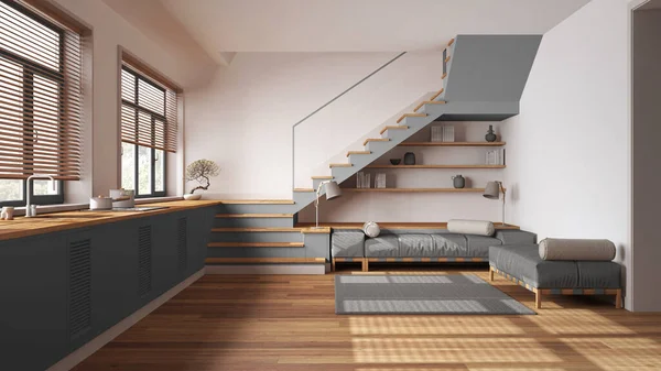 거실은 회색의 색조를 가전제품 최소한의 파노라마 Parquet Casinavian 인테리어 디자인 — 스톡 사진