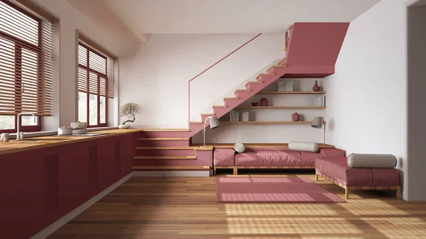 거실은 빨간색의 톤으로 가전제품 최소한의 파노라마 Parquet Casinavian 인테리어 디자인 — 스톡 사진