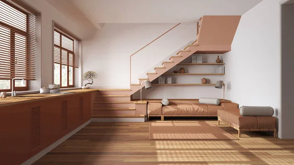 木制厨房和客厅 色调为白色和橙色 配有家用电器 最小楼梯和全景窗的橱柜 宴会厅 丑闻式室内设计 — 图库照片