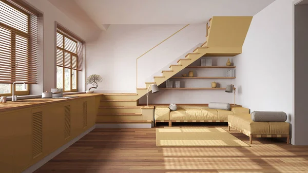 거실은 노란색을 가전제품 최소한의 파노라마 Parquet Casinavian 인테리어 디자인 — 스톡 사진