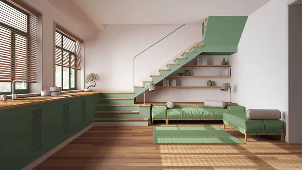 木制厨房和客厅 色调为白色和绿色 配有家用电器 最小楼梯和全景窗的橱柜 宴会厅 丑闻式室内设计 — 图库照片
