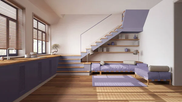 Holzküche Und Wohnzimmer Weißen Und Lila Tönen Schränke Mit Geräten — Stockfoto