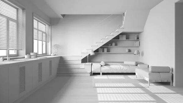 Totale Weiße Projektskizze Holzküche Und Wohnzimmer Schränke Mit Geräten Sofa — Stockfoto