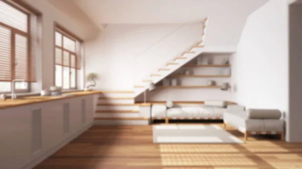 背景がぼやけて 木製のキッチンとリビングルーム 家電製品 ソファ 最小限の階段とパノラマの窓付きのキャビネット パケット スカンジナビアのインテリアデザイン — ストック写真