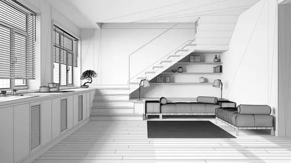 蓝图未完成的项目草稿 木制厨房和客厅 配有家用电器 最小楼梯和全景窗的橱柜 宴会厅 丑闻式室内设计 — 图库照片