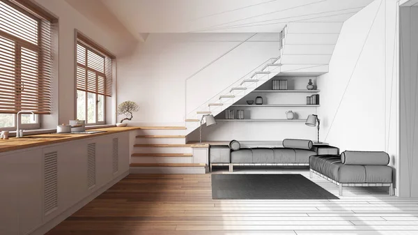 인테리어 디자이너 거실이 손으로 미완성 프로젝트 캐비닛 스칸디나비아 — 스톡 사진