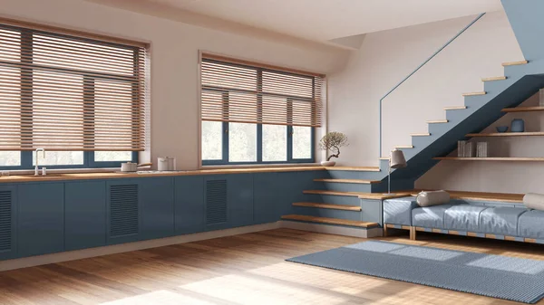 Minimal Wooden Kitchen Living Room White Blue Tones Cabinets Sofa — Stock Photo, Image
