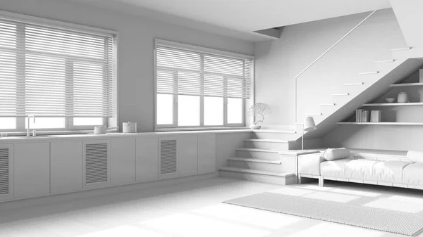 総白のプロジェクトの草案は 最小限の木製のキッチンとリビングルーム キャビネット ソファ 最小限の階段とパノラマの窓 Parquet Japandi インテリアデザイン — ストック写真