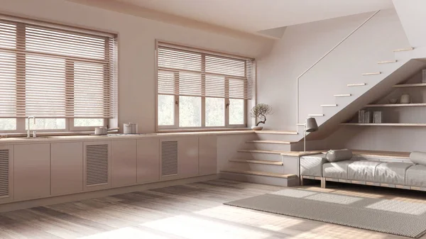 用白色和米黄色调把木制厨房和客厅漂白到最低限度 最小的楼梯和全景窗 Parquet Japandi室内设计 — 图库照片