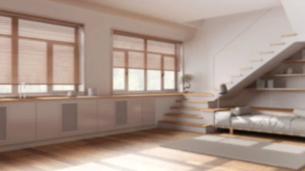 模糊的背景 最小的木制厨房和客厅 最小的楼梯和全景窗 Parquet Japandi室内设计 — 图库照片