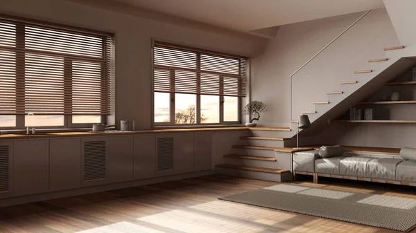 Dunkle Szene Späten Abend Minimalistische Holzküche Und Wohnzimmer Schränke Sofa — Stockfoto