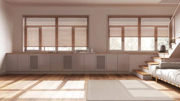 现代斯堪的纳维亚木制厨房和客厅 色调洁白 配有家用电器 楼梯和全景窗的橱柜 日本式室内设计最小的餐点 — 图库照片