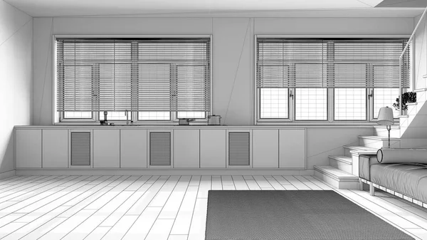蓝图未完成的项目草稿 现代丑闻林林林总总的木制厨房和客厅 楼梯和全景窗 日本式室内设计最小的餐点 — 图库照片