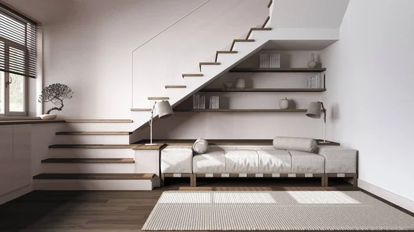 Dunkles Wohnzimmer Aus Holz Weiß Und Beigetönen Stoffsofa Mit Kissen — Stockfoto