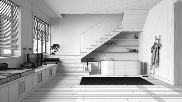 未完成の青写真プロジェクトの草案は 木製のバスルーム バスタブと洗面台 最小限の階段とパノラマの窓 パケット スカンジナビアのインテリアデザイン — ストック写真