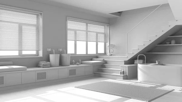 総白のプロジェクトの草案は 最小限の木製のバスルーム バスタブと洗面台 最小限の階段とパノラマの窓 Parquet Japandi インテリアデザイン — ストック写真