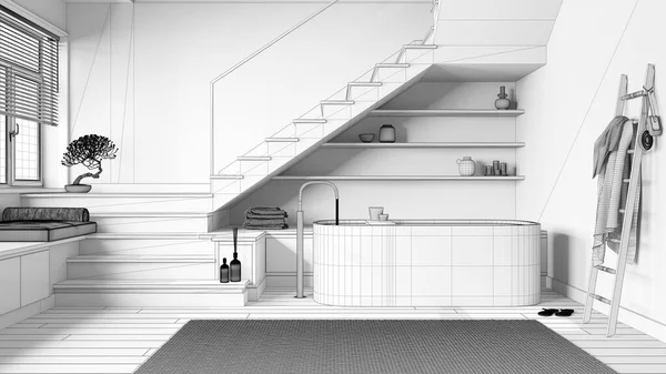 Tervrajz Befejezetlen Projekt Vázlat Fürdőszoba Fürdőkád Szőnyeg Minimális Lépcsőház Panoráma — Stock Fotó