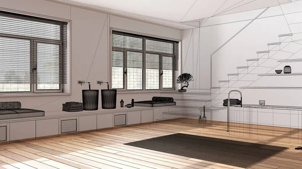 Interior Blanco Vacío Con Suelo Parquet Proyecto Diseño Arquitectura Personalizado — Foto de Stock