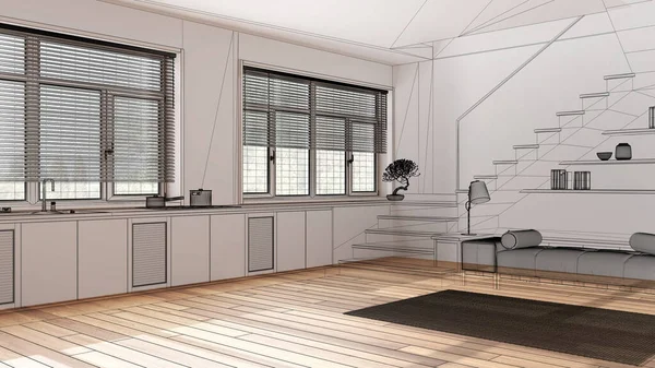 Interior Branco Vazio Com Piso Parquet Projeto Design Arquitetura Personalizada — Fotografia de Stock