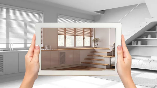 Augmented Reality Concept Handtablet Met Toepassing Voor Het Simuleren Van — Stockfoto