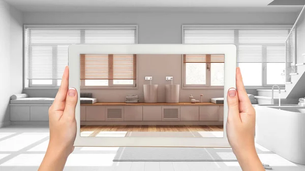 Augmented Reality Concept Hand Holding Tablet Met Toepassing Gebruikt Meubelproducten — Stockfoto