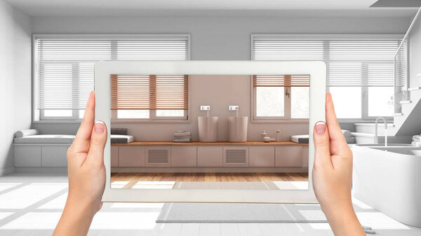 Концепция дополненной реальности. Ручной планшет с приложением AR для имитации мебели в дизайне индивидуальной архитектуры, черно-чернильный эскиз, минимальная ванная комната