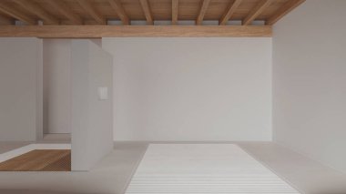 Ahşap boş oda iç tasarımı, reçine zeminli açık alan, kirişler tavan ve beyaz duvarlar, modern mimari konsepti
