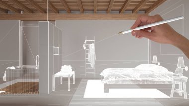 Ahşap parke zemin, el çizimi, özel mimari tasarım, beyaz mürekkep çizimi, Japonya 'nın minimal banyo ve yatak odasını gösteren plan.
