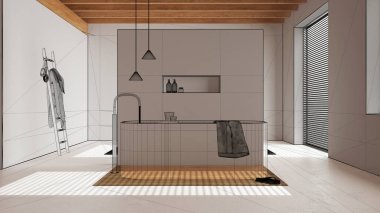 Reçine zeminli boş beyaz iç döşeme, özel mimari tasarım projesi, siyah mürekkep çizimi, minimal banyo gösteren plan, japandi iç tasarımı