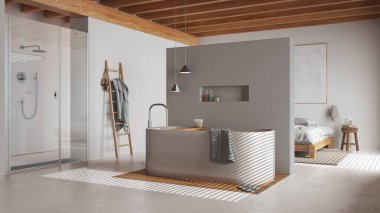 Minimalist yatak odası ve banyo beyaz ve ahşap tonlarda. Reçine zemin, serbest banyo küveti, duş ve çift kişilik yatak. Japandi iç tasarımı