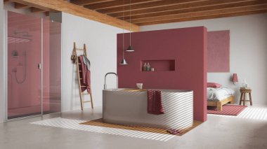 Minimalist yatak odası ve banyo beyaz ve kırmızı tonlarda. Reçine zemin, serbest banyo küveti, duş ve çift kişilik yatak. Tahta tavan. Japandi iç tasarımı