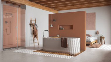 Minimalist yatak odası ve banyo beyaz ve turuncu tonlarda. Reçine zemin, serbest banyo küveti, duş ve çift kişilik yatak. Tahta tavan. Japandi iç tasarımı